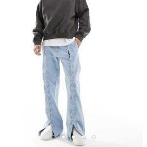 ASOS DESIGN‎ wide flare jeans with lace tie detail in light wash blue 33x32